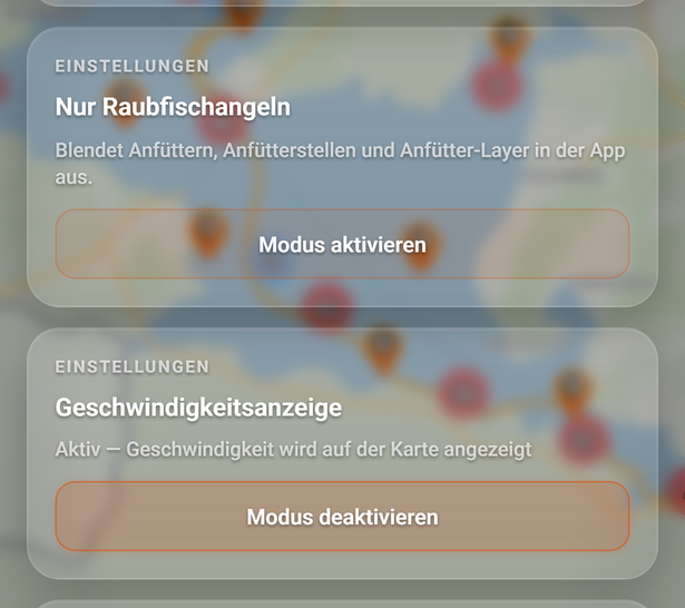 Die Karten Nur Raubfischangeln und Geschwindigkeitsanzeige: 1 Nur Raubfischangeln, 2 Knopf, 3 Geschwindigkeitsanzeige, 4 Knopf