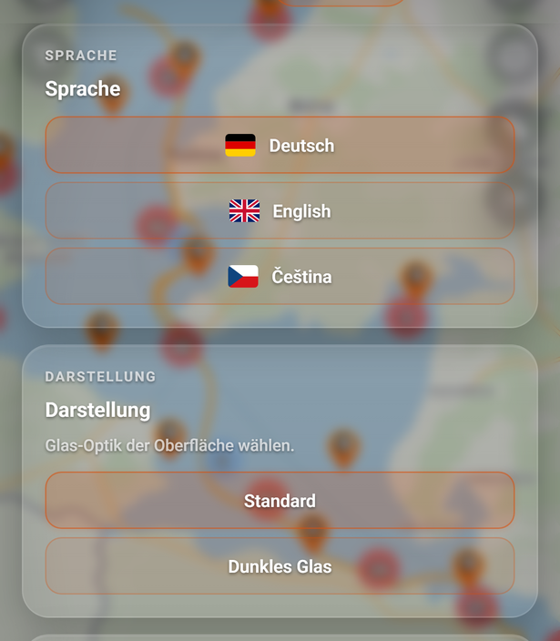 Die Karten Sprache und Darstellung: 1 Sprache, 2 Hervorgehobener Knopf, 3 Darstellung, 4 Standard