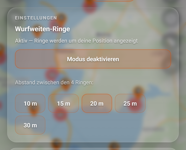 Die Karte Wurfweiten-Ringe, eingeschaltet: 1 Knopf, 2 Abstand zwischen den 4 Ringen:, 3 Abstände von 10 m bis 30 m; der hervorgehobene Knopf gilt.