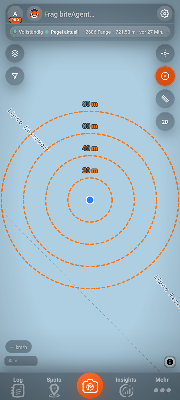 Wurfweiten-Ringe um die eigene Position: 1 Tempo-Chip, 2 Beschriftung, 3 Position, 4 Orangefarbene Ringe