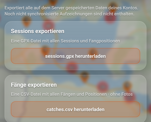 Mehr: die Export-Karten für Sessions und Fänge: 1 Hinweis, 2 sessions.gpx herunterladen, 3 catches.csv herunterladen