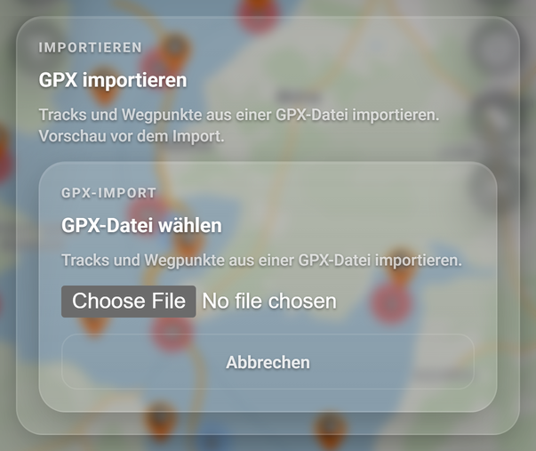 Die Karte GPX-Datei wählen (BiteMap Pro): 1 Dateifeld, 2 Abbrechen