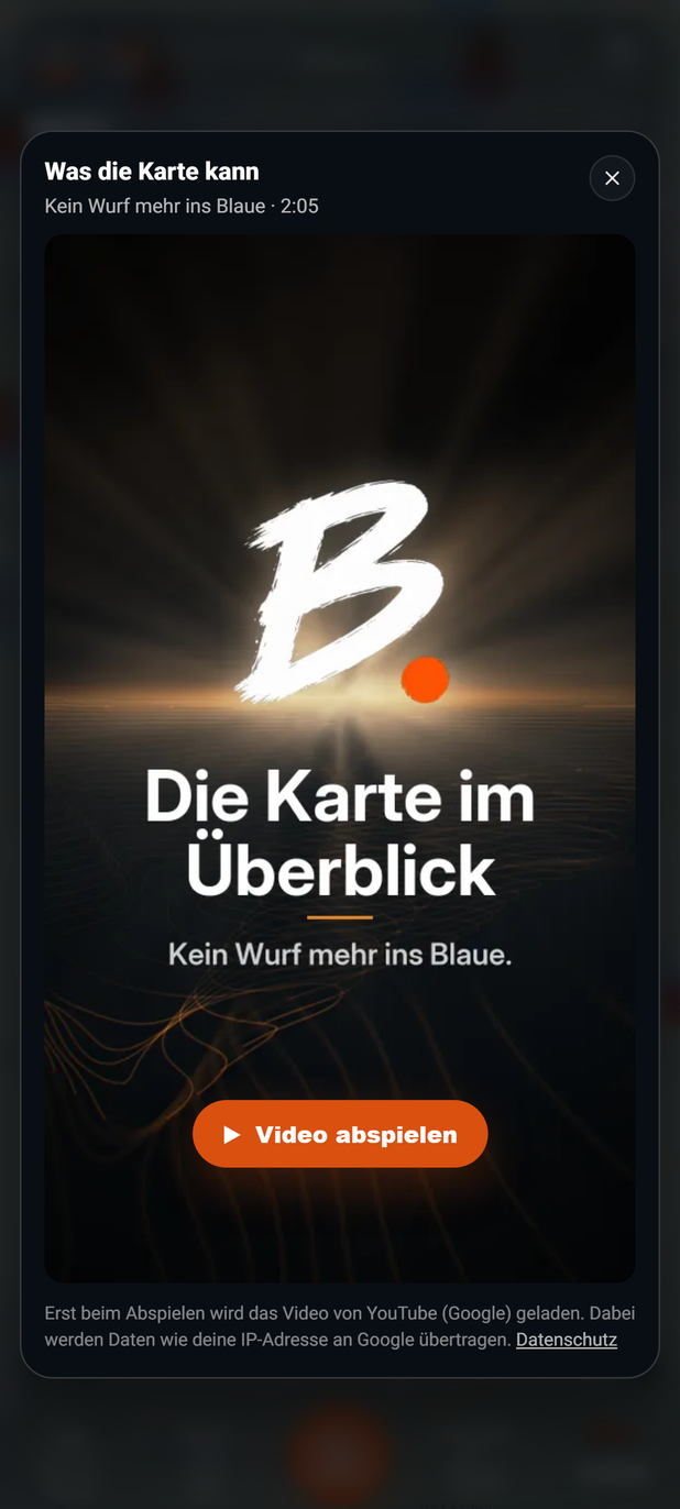 Der Videoplayer vor dem Abspielen (Web): 1 Titel des Videos, 2 Video abspielen, 3 Hinweis zum Laden von YouTube mit dem Link Datenschutz zur Datenschutzerklärung., 4 Video schließen