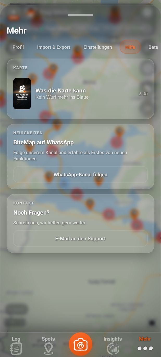 Mehr: der Reiter Hilfe: 1 Hilfe, 2 Themenkarte, 3 WhatsApp-Kanal folgen, 4 E-Mail an den Support