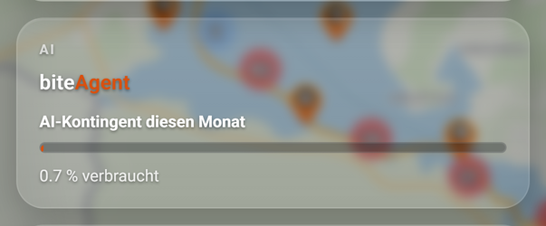 Die Karte AI unter Mehr › Profil im Browser (BiteMap Pro): 1 AI-Kontingent diesen Monat, 2 „… % verbraucht“, 3 Balken