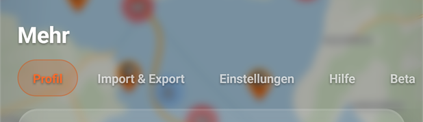 Das Fenster Mehr mit seinen fünf Reitern: 1 Mehr, 2 Profil, 3 Import & Export, 4 Einstellungen, 5 Hilfe