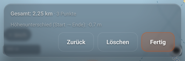 Die Messleiste: 1 Gesamt: …, 2 Höhenunterschied: …, 3 Zurück, 4 Löschen, 5 Fertig
