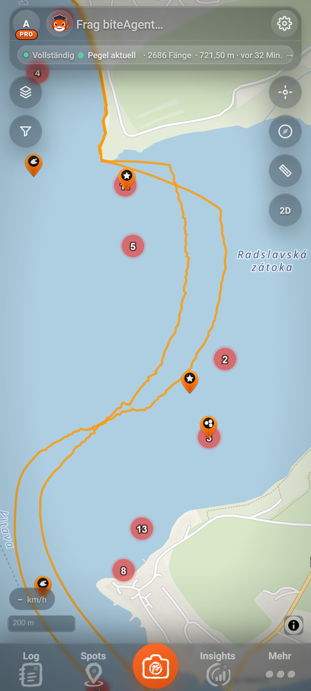 Fang, Waypoint, Futterplatz und Track auf der Karte: 1 Fang, 2 Track, 3 Futterplatz, 4 Waypoint