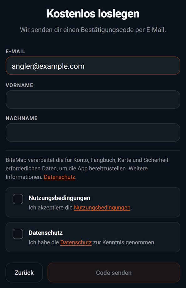 Registrierung: E-Mail-Adresse eingeben: 1 E-Mail, 2 Vorname, 3 Nachname, 4 Nutzungsbedingungen, 5 Datenschutz, 6 Zurück, 7 Code senden