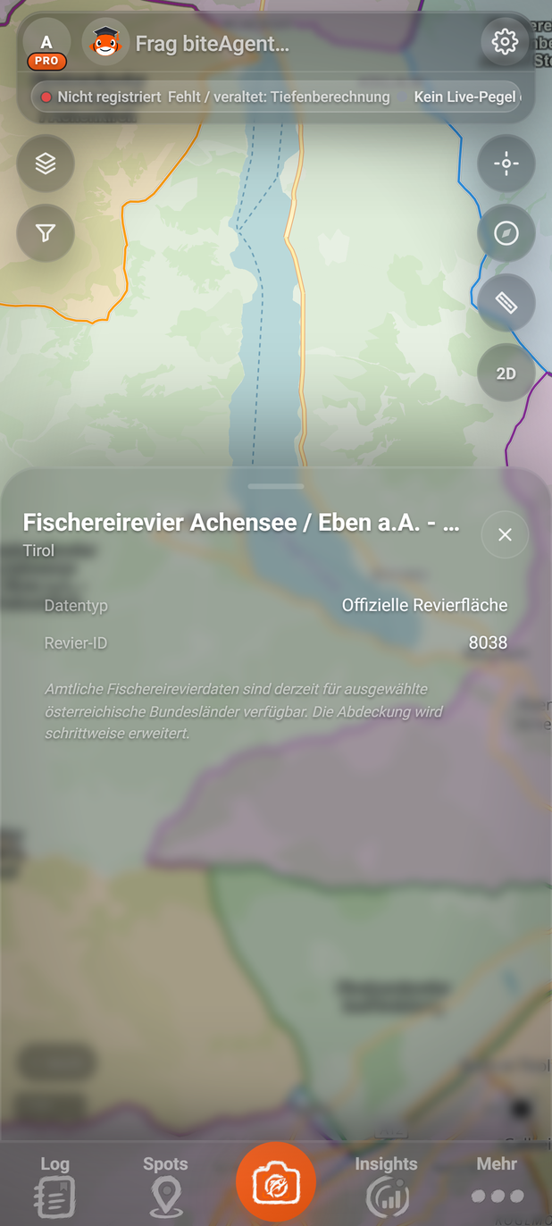 Angaben zu einem Fischereirevier (BiteMap Pro): 1 Name des Reviers, darunter das Bundesland, 2 Datentyp, Revier-ID, 3 Schließen, 4 Hinweis, 5 Angetipptes Revier
