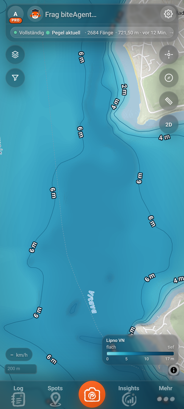 Tiefenlinien, Schattierung und Relief am Lipno (BiteMap Pro): 1 Tiefenlegende, 2 Meterangaben, 3 Tiefenangabe, 4 Tiefenlinie