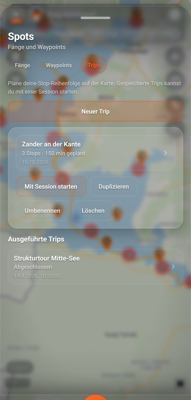 Die Karte eines gespeicherten Trips: 1 Mit Session starten, 2 Umbenennen, 3 Ausgeführte Trips, 4 Duplizieren, 5 Löschen