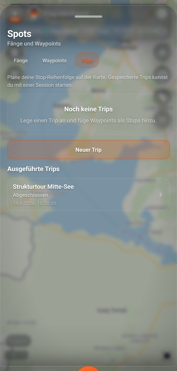 Spots: der Reiter Trips ohne gespeicherten Trip: 1 Trips, 2 Hinweis, 3 Neuer Trip