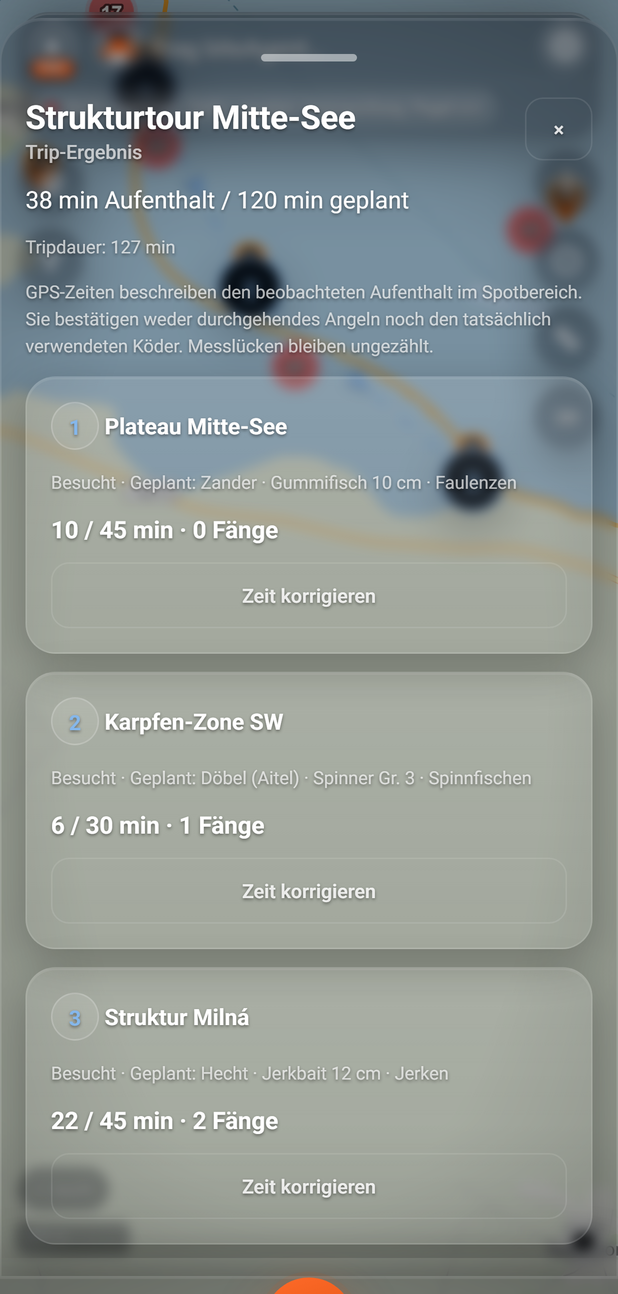 Trip-Ergebnis: Zusammenfassung und Stops: 1 Zusammenfassung, 2 Hinweis, 3 Karte eines Stops, 4 Zeit korrigieren