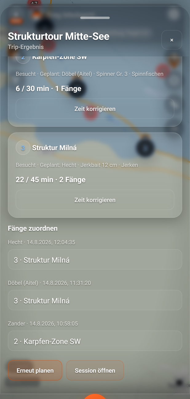Trip-Ergebnis: Fänge zuordnen und Aktionen: 1 Fänge zuordnen, 2 Erneut planen, 3 Fang, 4 Session öffnen
