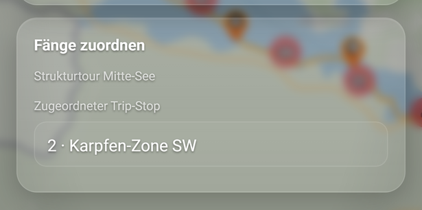 Fang-Detail: die Karte Fänge zuordnen: 1 Fänge zuordnen, 2 Zugeordneter Trip-Stop