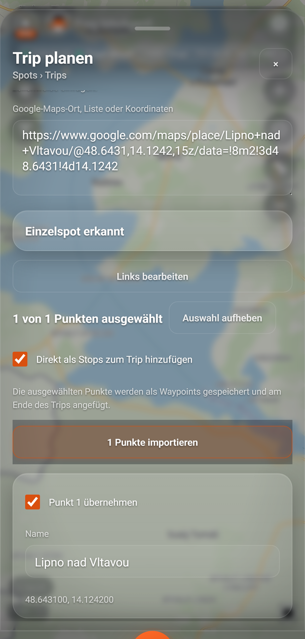 Im Planer: erkannter Punkt und das Kästchen für Stops: 1 Einzelspot erkannt, 2 Links bearbeiten, 3 Auswahl, 4 Auswahl aufheben, 5 Direkt als Stops zum Trip hinzufügen, 6 … Punkte importieren, 7 Punkt