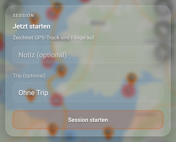 Log: die Startkarte mit dem Feld Trip: 1 Notiz, 2 Trip, 3 Session starten