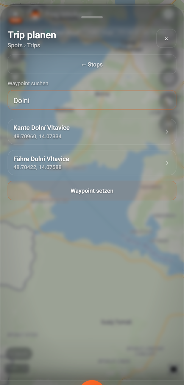 Planer: Waypoint als Stop wählen: 1 ← Stops, 2 Waypoint suchen, 3 Waypoint-Zeile