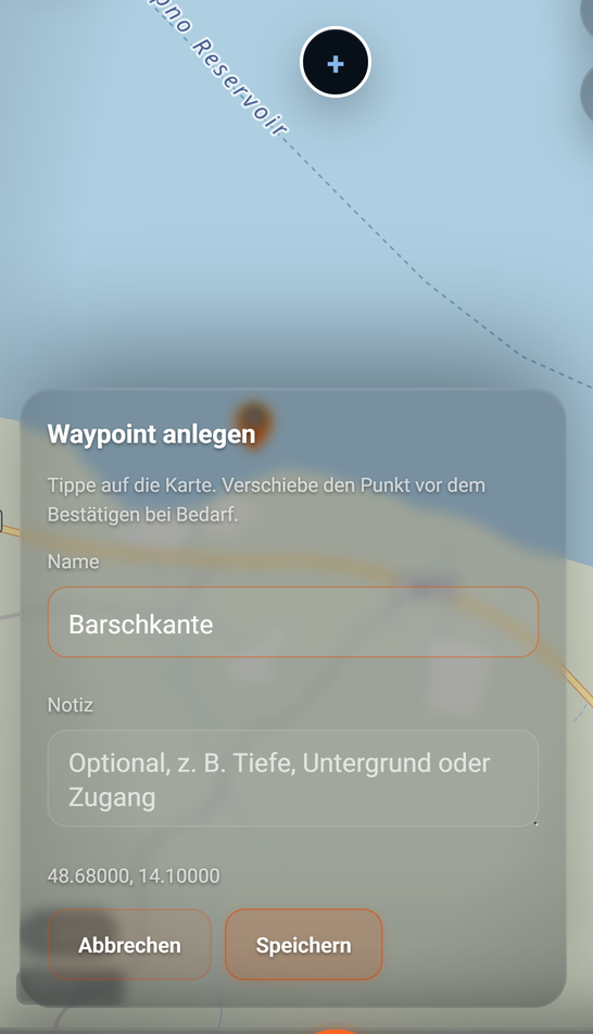 Waypoint anlegen: Punkt gesetzt, Name eingetragen: 1 Hinweis, 2 Name, 3 Notiz, 4 Koordinaten, 5 Abbrechen, 6 Speichern, 7 Marker +