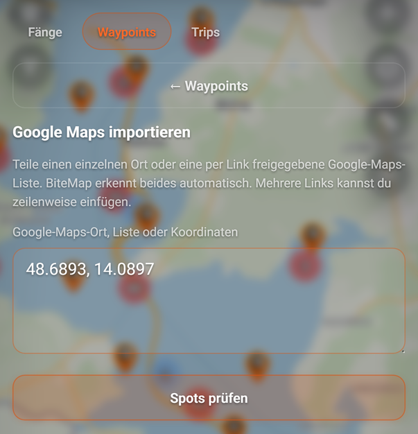 Waypoints: Google Maps importieren: 1 ← Waypoints, 2 Hinweis, 3 Google-Maps-Ort, Liste oder Koordinaten, 4 Spots prüfen