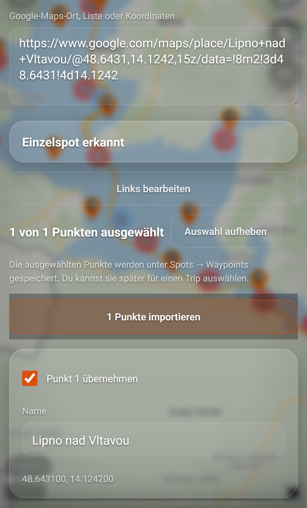 Google Maps importieren: erkannter Punkt: 1 Einzelspot erkannt, 2 Links bearbeiten, 3 Auswahl, 4 Ziel, 5 … Punkte importieren, 6 Punkt, 7 Auswahl aufheben
